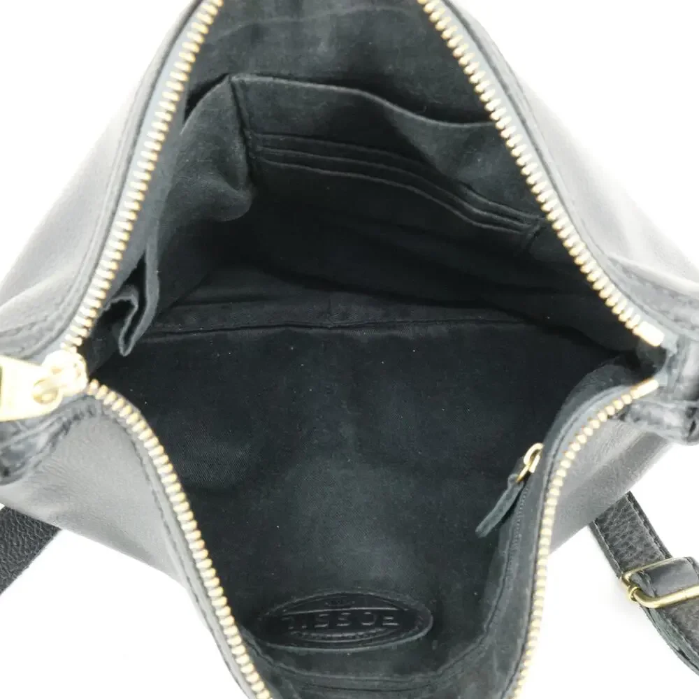 Fossil Leather Handbag Womens Black Crossbody Bag Zipper Pockets Preppy Academia
